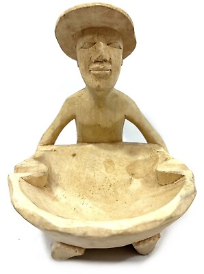#ad Old Vintage Hand Carved Wooden Ashtray Asian Man Holding Washing Bowl or Ashtray $13.48