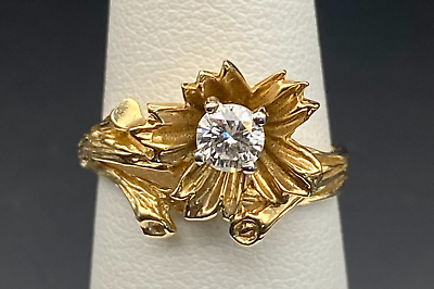 #ad 14k Yellow Gold Flower amp; Diamond Ring SIGNED $740.00