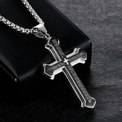 Men Cross Pendant Necklace Stainless Steel Multilayer Lord#x27;s Prayer Chain 24quot; $7.98