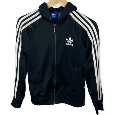 Adidas Black Full Zip Track Jacket Size S White Trefoil Stripes Zipper Cotton C $29.61