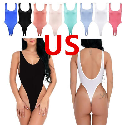 #ad #ad US Women#x27;s Leotard Bodysuits Solid Sleeveless Lingerie High Cut Thong Crotchless $9.82