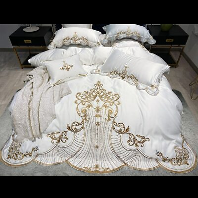 #ad White Satin Cotton Golden Embroidered Bedding Set Double Quilt Cover Sheet Lace $488.22