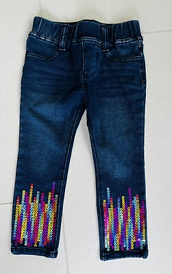 #ad Flapdoodles Girls Blue Jeggings 2T Sequin on jean cuff pull on elastic waist $10.00