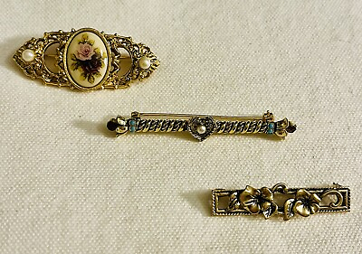 #ad Lot of 3 Vintage Estate Bar Brooches Gold amp; Antique Gold Tone Cameo Victorian $14.99
