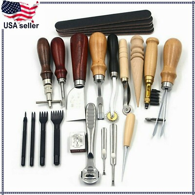 #ad Vintage Leather Craft Tools Kit Stitching Sewing Beveler Punch Working Hand Tool $36.49