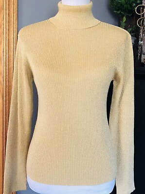#ad 70s Gantos Women’s Turtleneck Top Sz L Metallic Gold Knit Long Sleeves Slim Fit $18.00