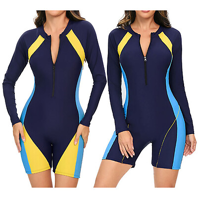 #ad Womens Beachwear Long Sleeve Swimwear Color Block Swimsuits Boyshorts Jumpsuit GBP 27.31