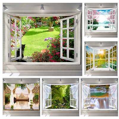 #ad Imitation Window Forest Landscape Painting Tapestry Wall Hanging Home Decor $9.39