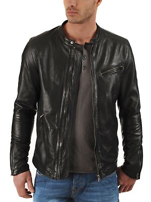 #ad New Leather Jacket Mens Biker Motorcycle Real Leather Coat Slim Fit Black #1060 $118.00