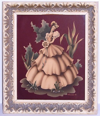 #ad Turner Silkscreen Print Victorian Lady w Bouquet Mid Century Frame 12x14 $80.75