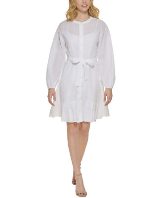 #ad Tommy Hilfiger Women#x27;s Swiss Dot Belted Shirtdress White 6 $19.30