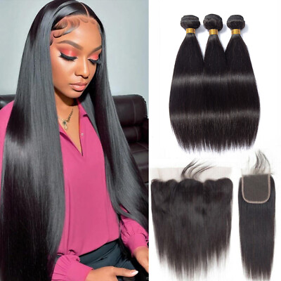 #ad Straight Human Hair Bundles with Closure 13*4 Lace Frontal Remy Hair Extensions $156.08