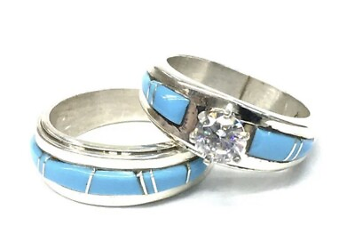 Native American Sterling Silver Navajo Handmade Turquoise Wedding Set Size 9.25 $165.00