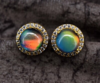 #ad 9 MM Natural Rainbow Fire Opal Round 925 Sterling Silver Gold Plated Earrings $40.49