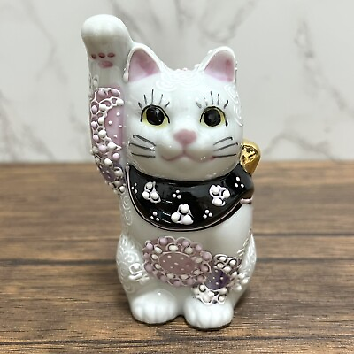 #ad Maneki Neko Beckoning Lucky Cat Kutani Ware Porcelain Flower Purple 10cm $80.75