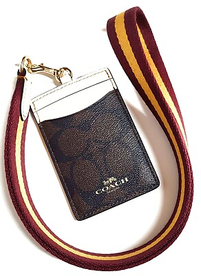 #ad Coach ID Lanyard Blocked Signature Canvas Brown Chalk Multi Smooth Leather NWT $75.99