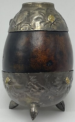 #ad Industria Argentina Vintage Silver Gold Yerba Mate Tea Gourd Cup Footed $59.95