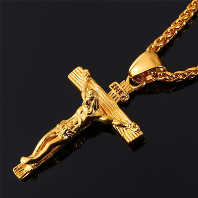 Jesus Christ Crucifix Cross Pendant Chain Necklace Stainless Steel Gold Plated $9.95