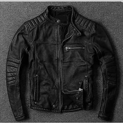 #ad Cafe Racer Biker Black Leather Jacket Men#x27;s Motorcycle Distressed Genuine Sheep $94.49