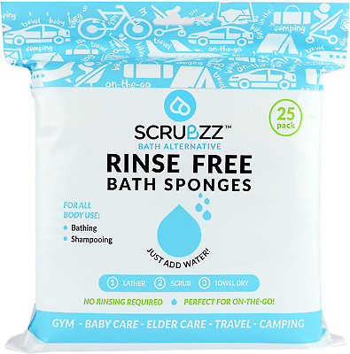 Scrubzz Disposable Rinse Free Bathing Wipes 25 Pack All in 1 Single Use Shower $13.57