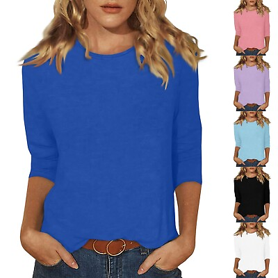 #ad 3 4 Length Sleeve Womens Tops Casual Loose Fit Crewneck Shirts Solid Tunic Tops $12.99