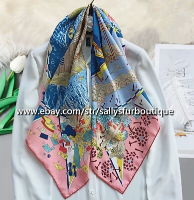 #ad Sallys Boutique 14 18 Momme Twill Silk Wrap Scarf Boat Building Print Shawl 35quot; $44.99