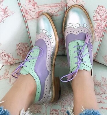 #ad Handmade New Women#x27;s Multicolor Leather Oxford Wingtip Lace Up Dress Formal Shoe $189.99
