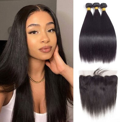 #ad 28 inch10A Straight Human Hair Bundles with Closure 4×4and 13×4 Lace Frontal $221.92