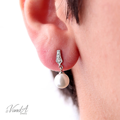 #ad Sterling Silver 925 Drop Pearl Earrings Chic Bridal Wedding CZ Stud Earrings E34 $28.99