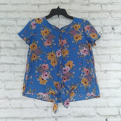 Pink Rose Womens Blouse Small Blue Floral Tie Front Keyhole Top $9.00