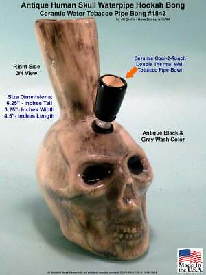 #ad Antique Human Skull Water Hookah Bong Tobacco Pipe Ceramic Glass Rumph #1843 USA $39.99