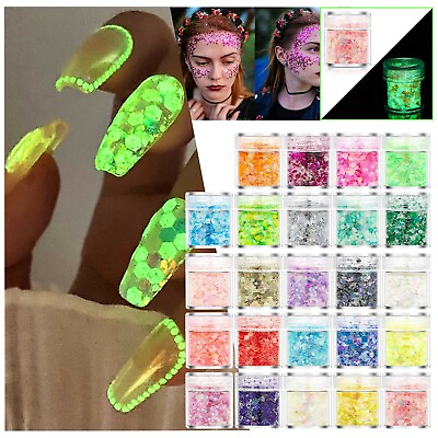 #ad 24 Colors Shiny Glow In The Dark Nail Art Glitter Chunky Nail Sequins Luminous $1.39
