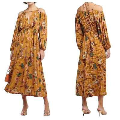 Ulla Johnson Dress Noemi Amber Floral Midi Off Shoulder Cut Out Yellow Brown P 0 $325.00