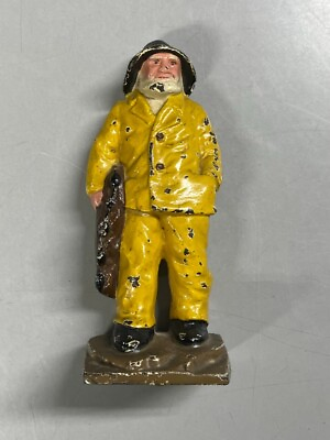#ad Antique Heavy Cast Iron Fisherman Doorstop Old Salt in Yellow Jacket Nautical $149.95