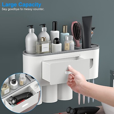 #ad Toothbrush Holder Automatic Wall Toothpaste Dispenser w 1 Drawer amp; Cosmetic Rack $21.34