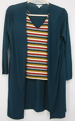#ad Time and True Green Long Cardigan w Attached Striped Tank SzL 12 14 Long Sleeve $22.84