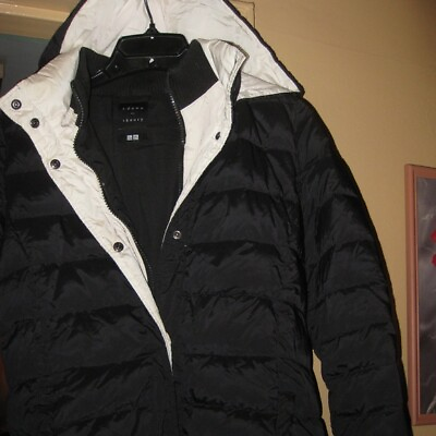 PUFFER Hooded juniors teens coat BLACK HAS WHITE ZIP UP amp; BLACK LINING Sz large $55.99