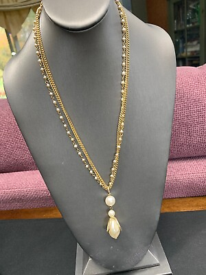 #ad Vintage Quality Gold Tone White Pearl Beaded Long 3 Strand Pendant Necklace 22” $27.20