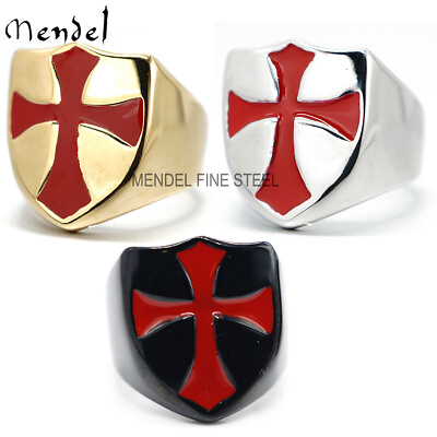 #ad MENDEL Mens Gold Plated Christian Knights Templar Cross Shield Ring Size 7 15 $12.99