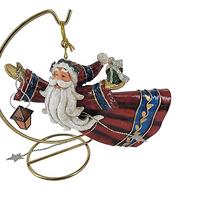 #ad Santa Claus Jolly Christmas Ornament Present Lantern Stars Tin 7x4quot; Glittery $10.00