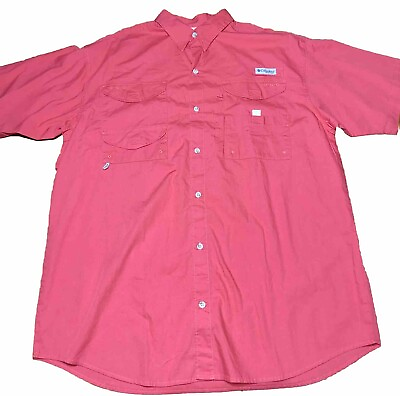 #ad Columbia PFG Fishing Shirt Mens Large Vented Button Up Short Sleeve Red $18.00