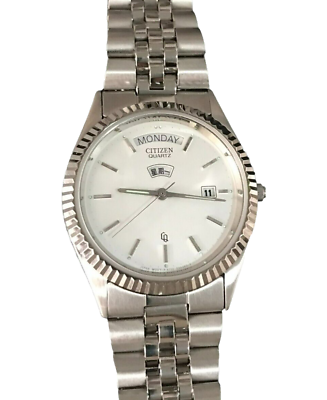 #ad Citizen Quartz Classic Day Date White Dial Stainless Steel Watch Rare $295.00