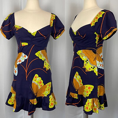 Vintage Betsey Johnson Dress Womens Size 6 Navy Blue Butterfly Babydoll Mini Y2K $89.99