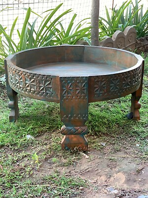 #ad Wooden grinder table chakki hand carved Indian distressed painted low stool $645.00