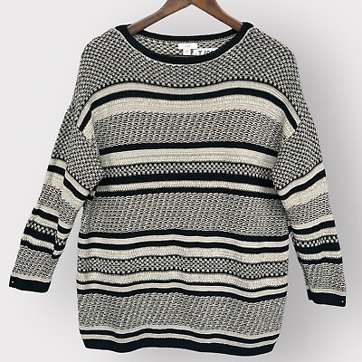#ad J. Jill Pullover Sweater Women Size M Black Striped 3 4 Sleeve Linen Blend Knit $19.55