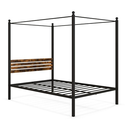 #ad Full Size Industrial Metal Canopy Bed Frame W Slatted Headboard Bed Furniture $138.97