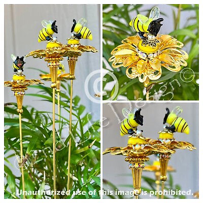 #ad Glass Honey Bumble Bee Gold Flower Decor Plant Stake Spike Exquisite US HANDMADE $16.49