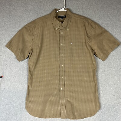 #ad Tommy Hilfiger Men#x27;s 100% Cotton Beige Check ButtonUp Short Sleeve Shirt XL $14.00