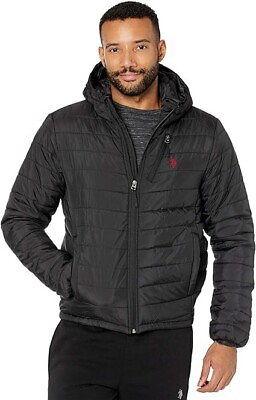 #ad US Polo Association Men#x27;s Rolled Padded Hooded Puffer Jacket Size S Black NWT $75.00