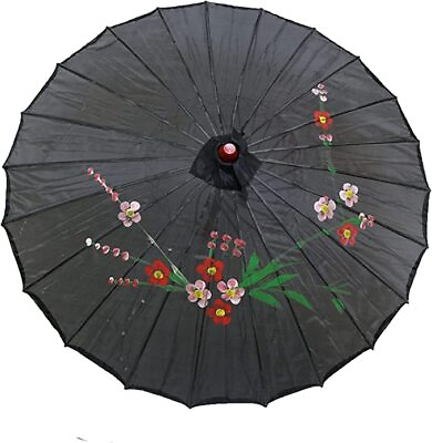 32quot; Inch Dia Black Floral Pattern Wood Bamboo Nylon Parasol Umbrella Decoration $9.95